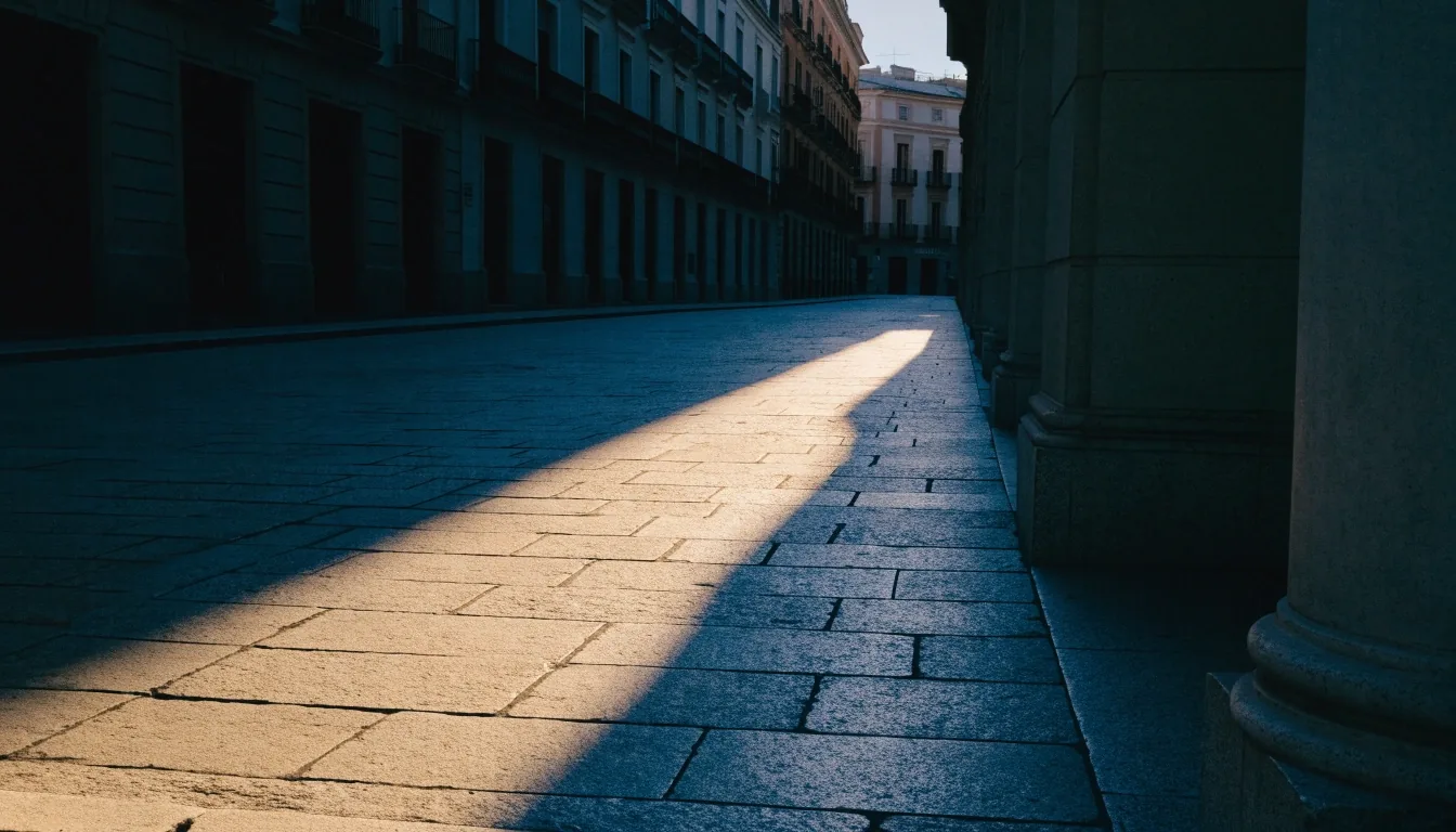 Plaza urbana de Madrid al amanecer, con una larga sombra cruzando el pavimento y sin viandantes