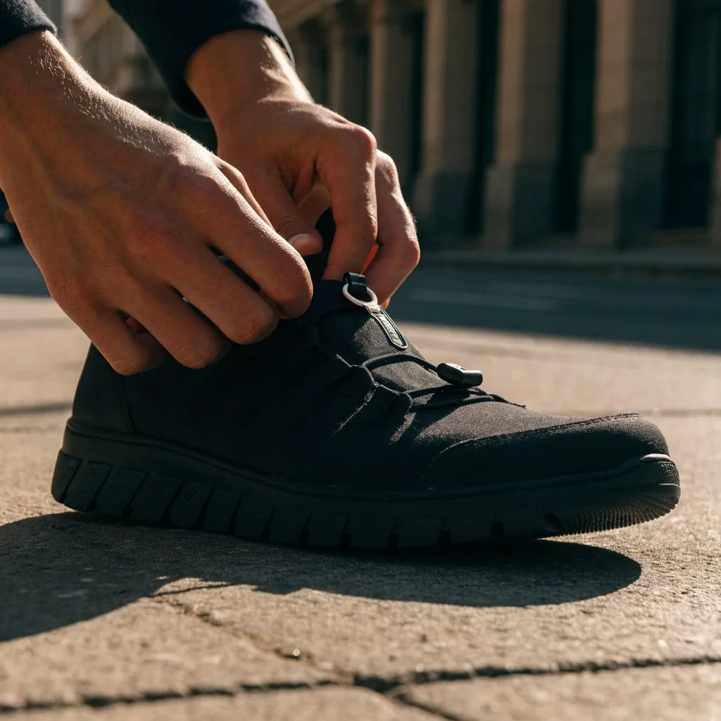 Primer plano de los cordones y el cierre fácil de un zapato de paseo, iluminados por el sol bajo de la mañana
